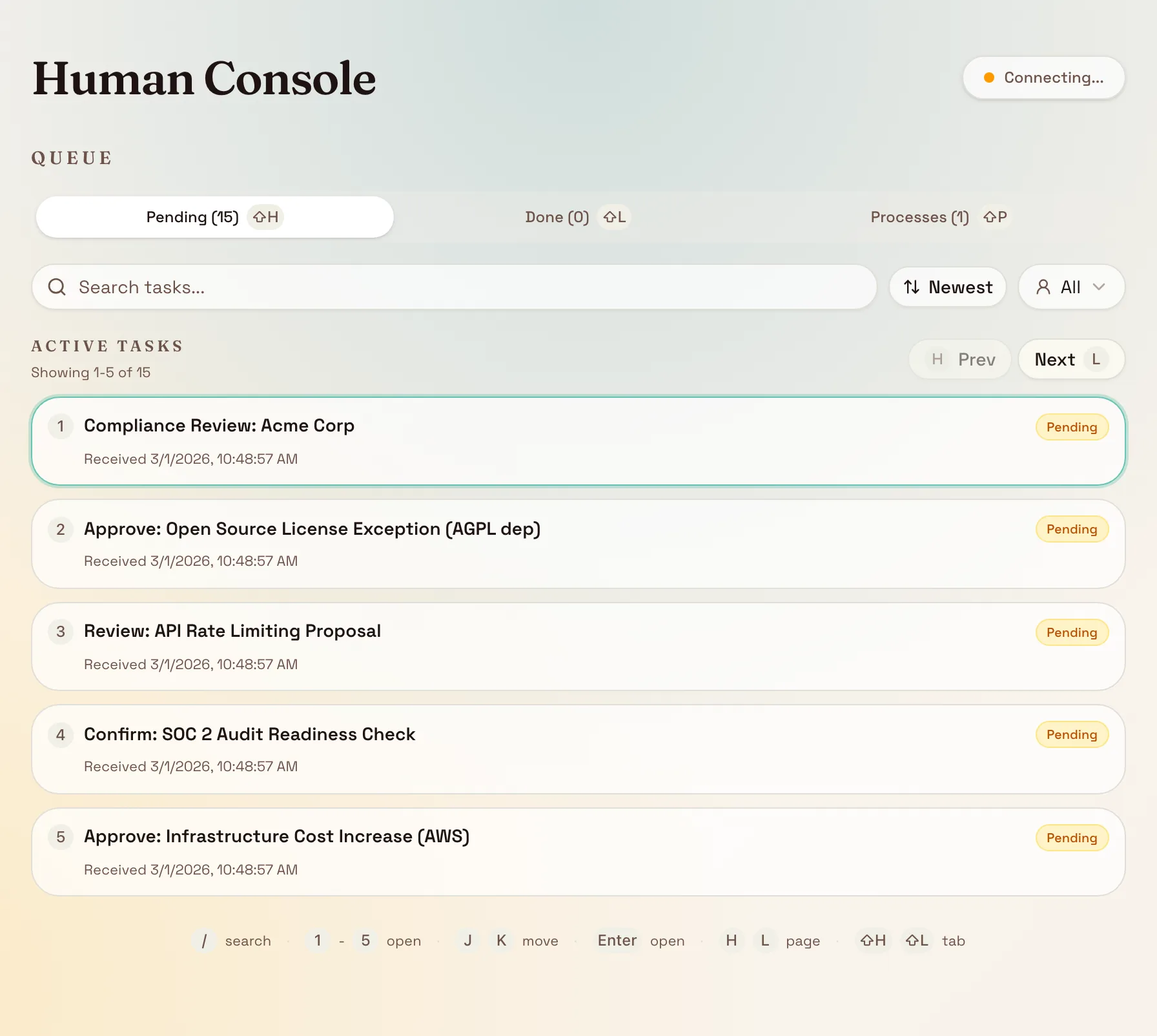 HPI task dashboard showing a queue of pending tasks
